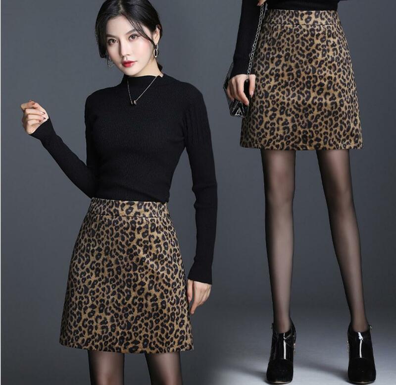 Vrouwen Hoge Taille Skinny A-lijn Rokken Mode Wollen Luipaard Print Lente En Herfst Vrouwelijke Mini Rok Plus Size Saias K1360