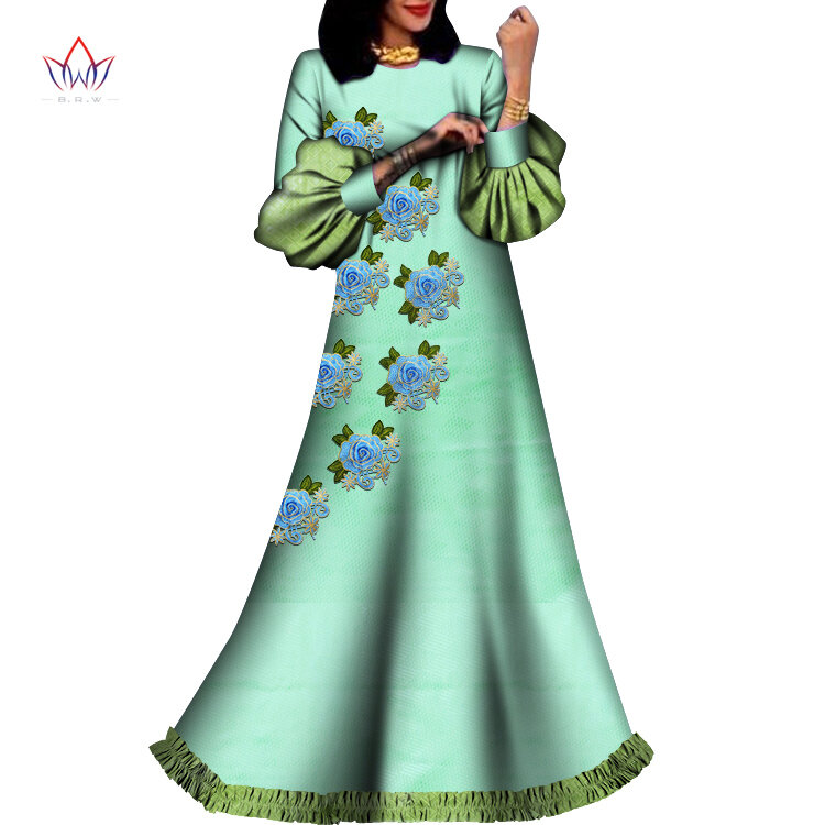 2021 BintaRealWax African Clothes for Women African Dress Puff Sleeve Floor-Length Print Wax Dress Wedding Party Date WY8290