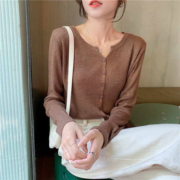 Knitted Cardigan Women's 2021 Early Autumn New Gentle Chic Small Coat Long Sleeve V-neck Thin Style with Short Top