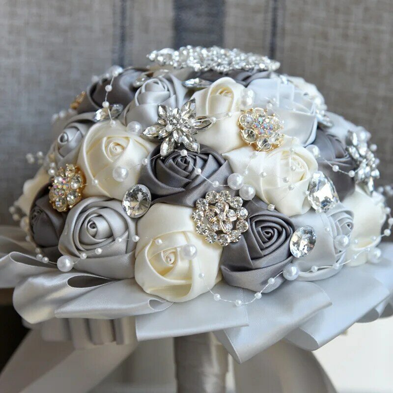 Cinta Retro europea de flores rosas para boda, ramos de novia con diamantes de imitación, ramo de perlas para novia, flor artificial
