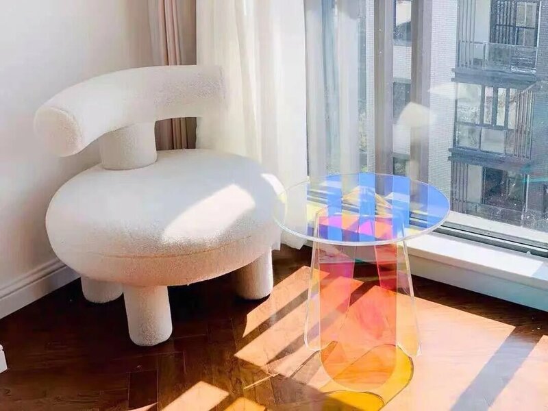 Mesa de chá iridescente acrílico side table display designer redondo colorido arco-íris claro acrílico iridescente arte peça mesa de centro