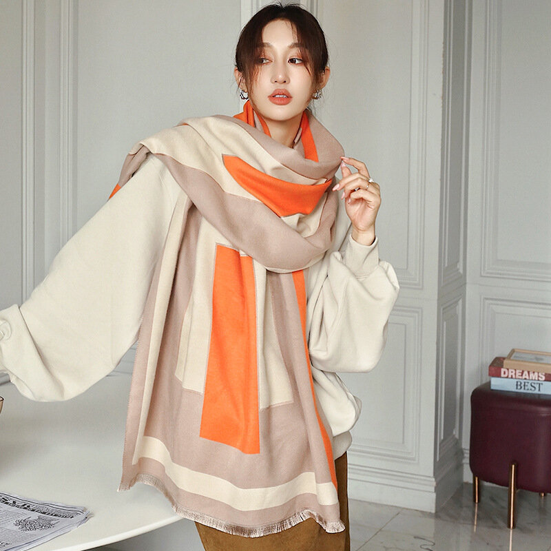 가을 190X65CM Tassels 비치 타월 인기있는 색상 일치 인쇄 스카프 여성 양면 Bandanna 겨울 두꺼운 캐시미어 Shawls