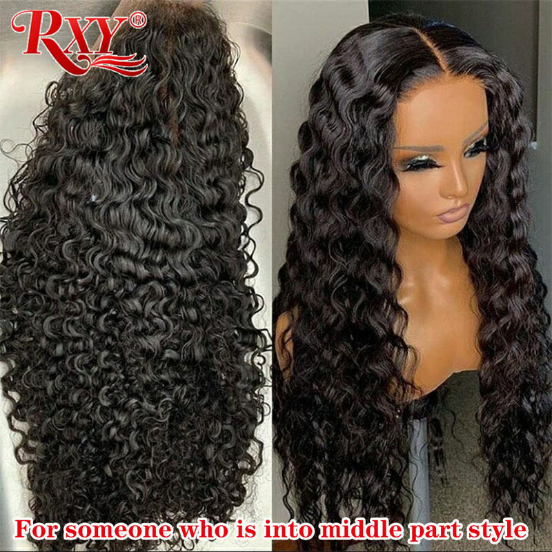 Deep Wave Frontal Wig RXY Transparent Lace Wigs T Part Lace Wig Curly Human Hair Wig For Women Human Hair Remy Pre Plucked
