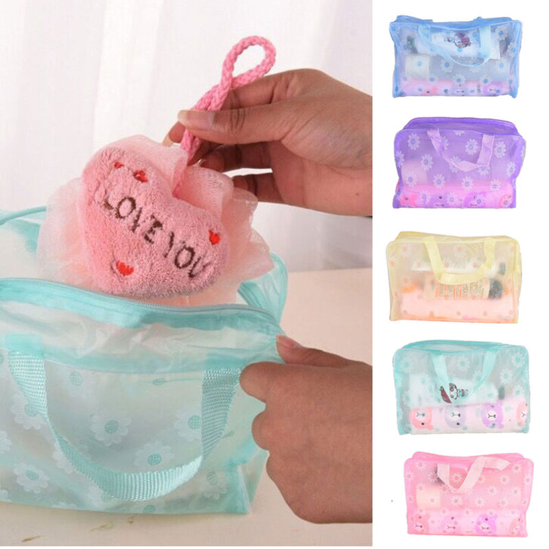 Floral PVC Waterproof Cosmetic Bag Bath Toiletry Towel Makeup Storage Bag Flower Pouch Case Organizer