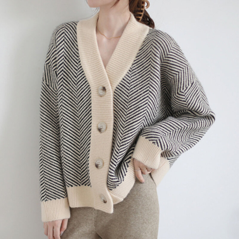Cardigan tricoté rétro à rayures pour femmes, veste ample, épaisse, décontractée, simple boutonnage, pull à manches longues, corée, printemps automne 2021
