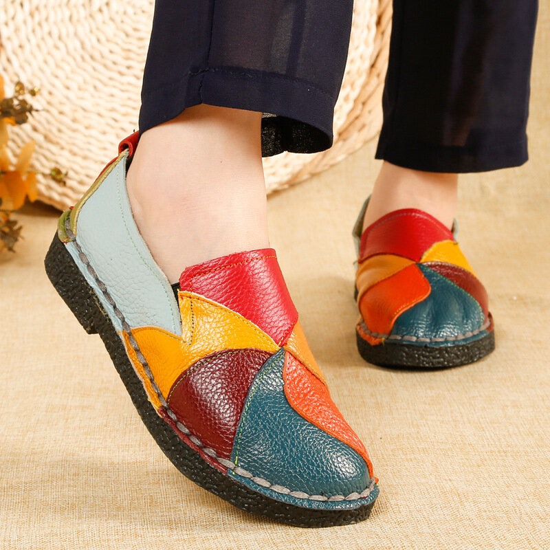 2021 مصمم النساء أحذية جلدية بدون كعب حقيقية السيدات الباليه الشقق مختلط الألوان الانزلاق على المتسكعون منصة حذاء كاجوال Size35-42