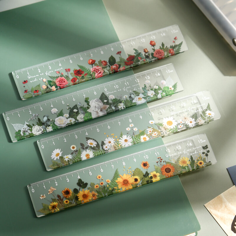 Règle en acrylique transparente de 15 cm, accessoires de journal à puces, fleurs esthétiques, marguerite, tulipe, Rose, tournesol, papeterie pour étudiant