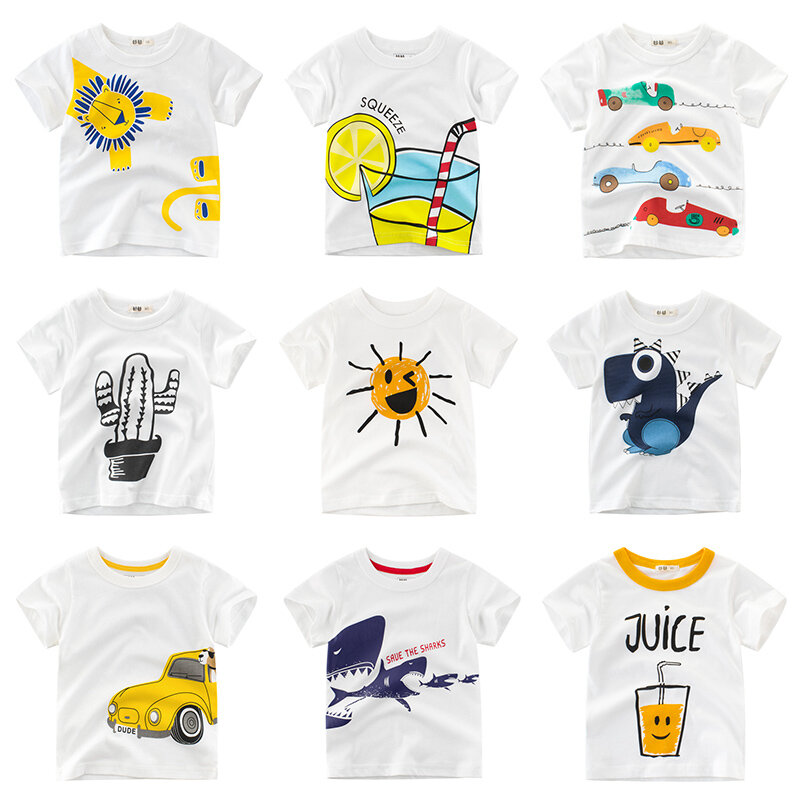 White T Shirt Boys Kids Girls Children Tops Clothing Cotton Cartoon Toddler Clothes Short Sleeves Tee Summer Infant 2-8 Years