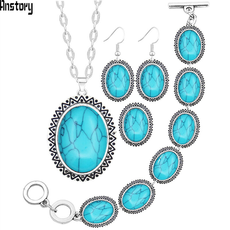Sunflower Oval Stone Jewelry Sets Necklace Bracelet Earrings Ring For Women Vintage Antique Silver Plated Party Gift  TS71