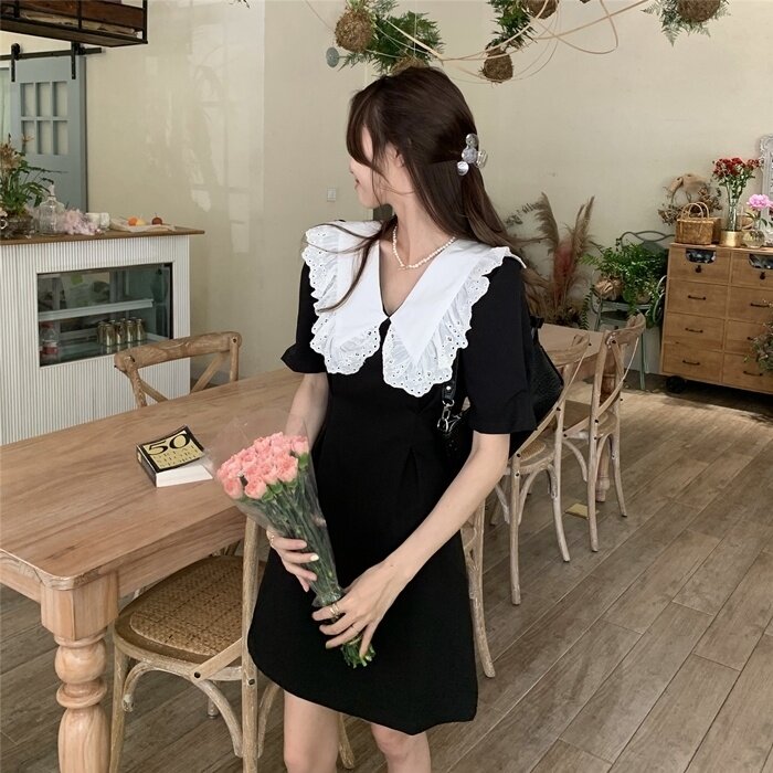 Vestido de renda preta econômico, elegante estilo coreano solto roupas estilo vintage gótico para estudantes