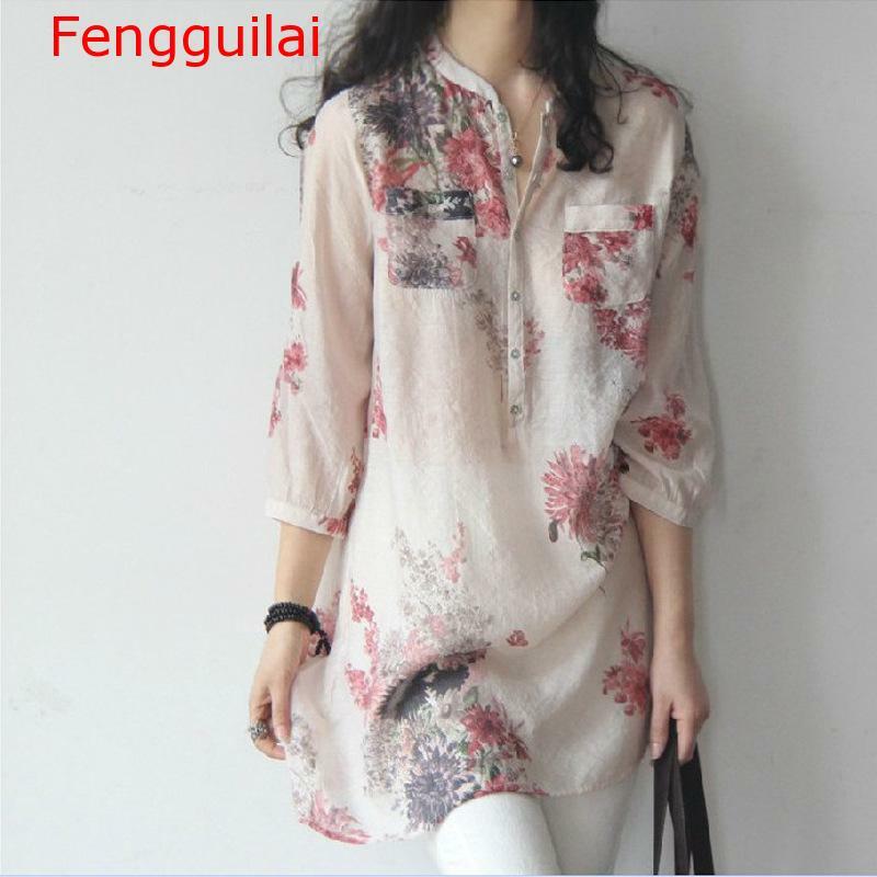 Рубашка из хлопка и льна, длинная свободная блузка большого размера с цветочным принтом и семиконечными рукавами, весна-осень