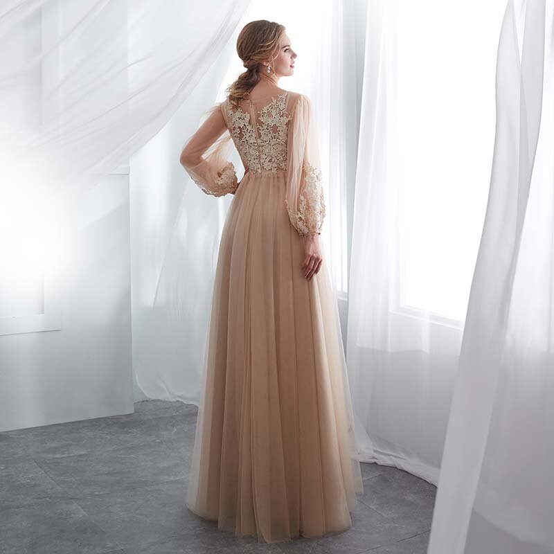 Simple Dresses Long 2021 V Neck Beading High Split Tulle Sweep Train Long Sleeve Evening Gown A-Line Backless Plus Size Robe De