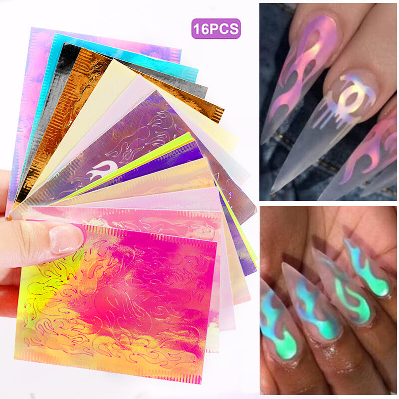 16pcs Holographic Nail Foil Flame Holo Nail Art Transfer Sticker Water Slide Nail Art Decals