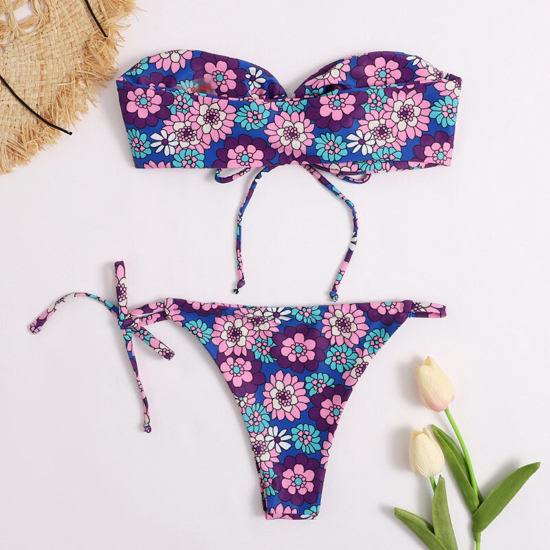 Mossha vintage floral impressão maiô feminino string bandeau biquíni 2021 cintura baixa maiô natação sexy praia wear