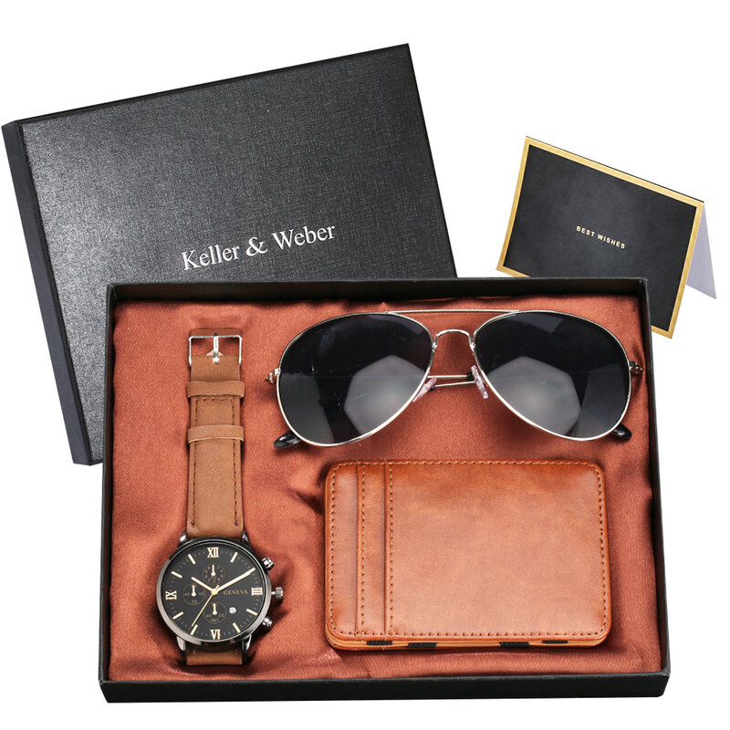 Fashion Watch Men Luxury Gift Set Sunglasses Wallet Purse Calendar Business Quartz Wrist Watch For Father Men