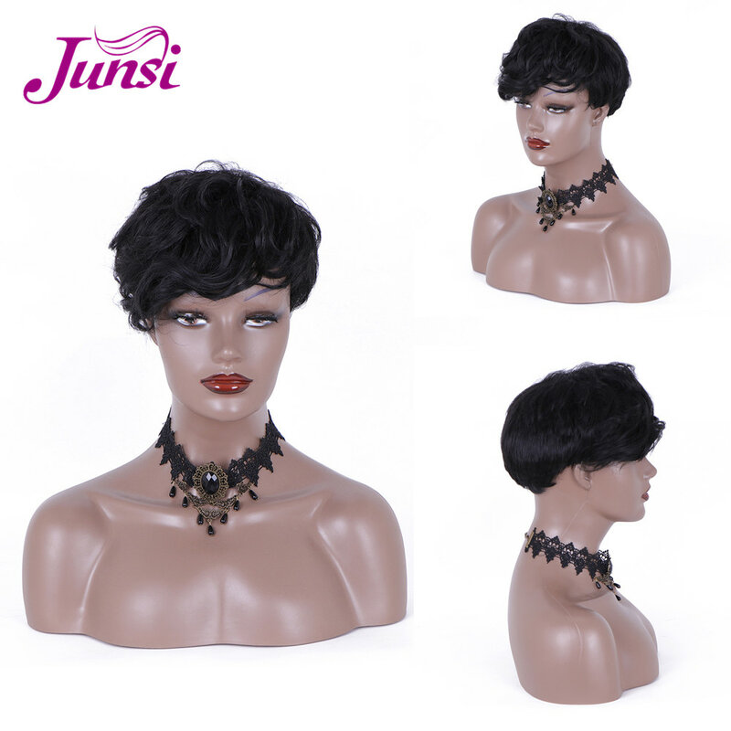 JUNSI Naturaly  Black  Short Curly Afro Wig with Bangs Synthetic Wigs  For  Women   Heat Resistant Fiber Daily Wig