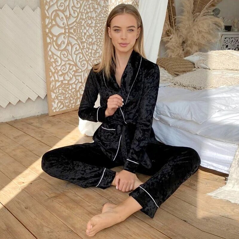 HiLoc Velvet Knit Winter Sleepwear Women Sets Bathrobe For Home Suit Warm Long Sleeve Robe Sets With Sashes Nightwear Elegant