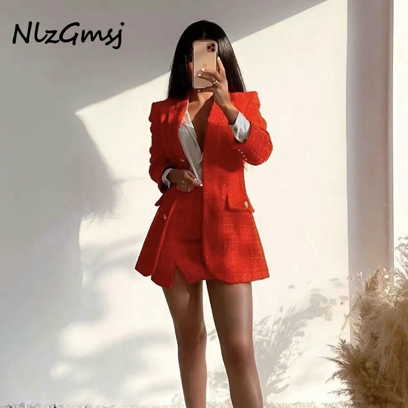 Nlzgmsj-conjuntos Za para mujer, Blazer para mujer, trajes de falda, de estilo francés traje elegante, conjunto de dos piezas 2021
