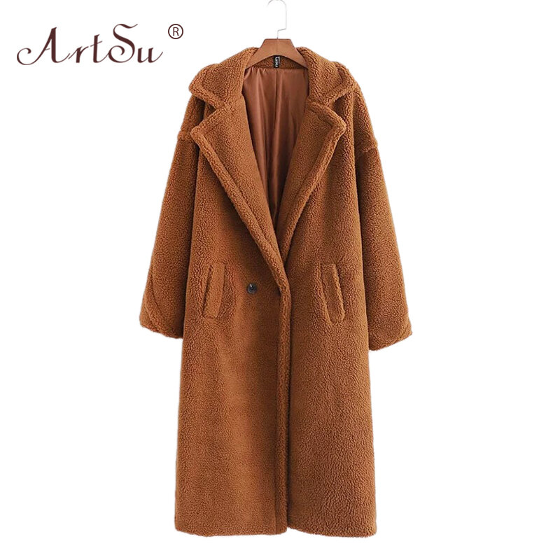 Женское длинное теплое пальто ArtSu, теплая свободная шуба из овечьей шерсти с длинным рукавом, рождественское пальто из искусственного меха, 12 цветов