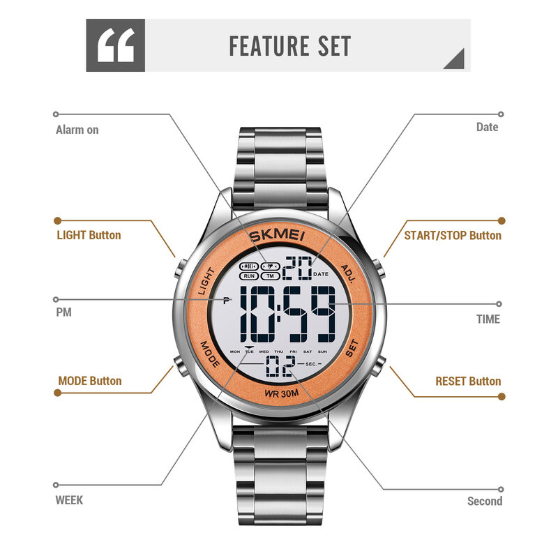 Skmei relógio de negócios para homem luxo aço relógios digitais 2 tempo crono relógios masculinos design original relógio de pulso masculino despertador