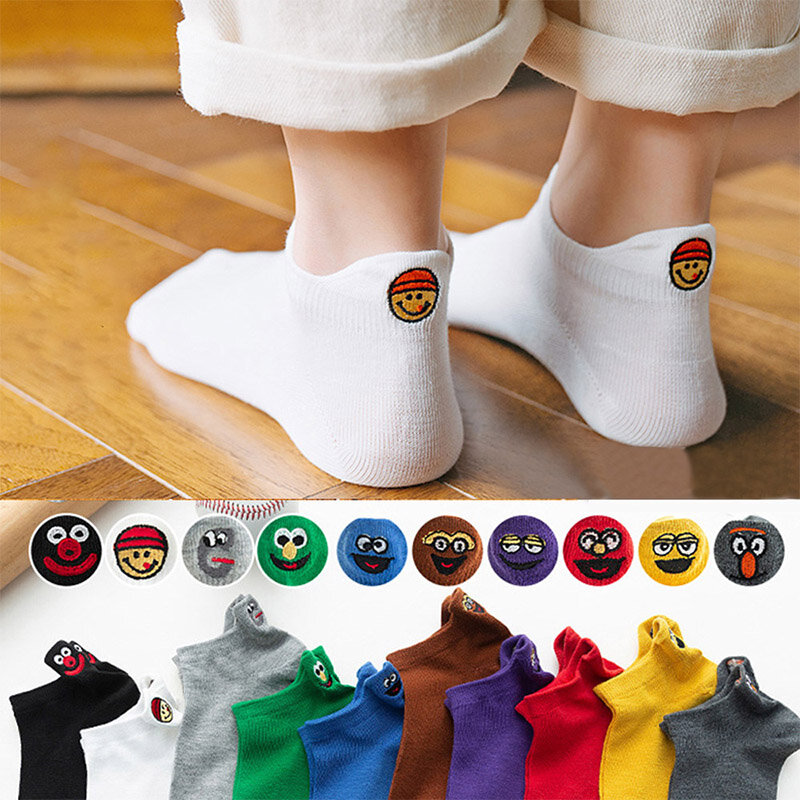 5 pares de moda coreana meias femininas pacote kawaii dos desenhos animados meias curtas casuais emoji bordado algodão engraçado tornozelo meias femininas meias mulher