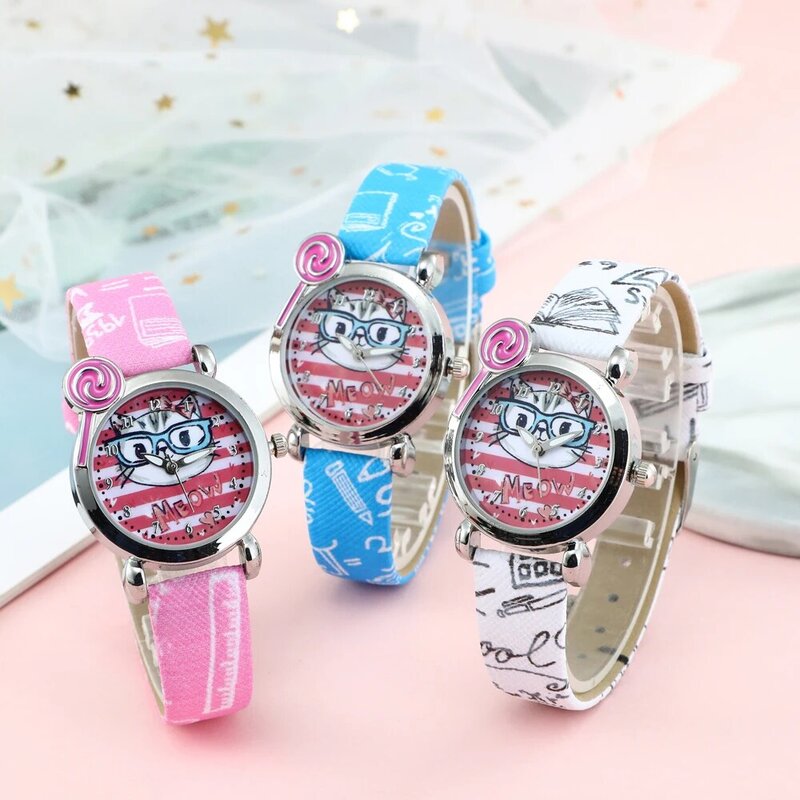 ホットファッションブランド漫画かわいいメガネ猫子供クォーツ時計子供ガールズボーイズ革ブレスレット腕時計腕時計時計