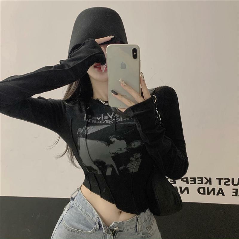 Yedinas Casual Slim T-shirt For Women O Neck Long Sleeve Sexy Crop Top Grunge Letters Print Female Korean Fashion Clothing 2021