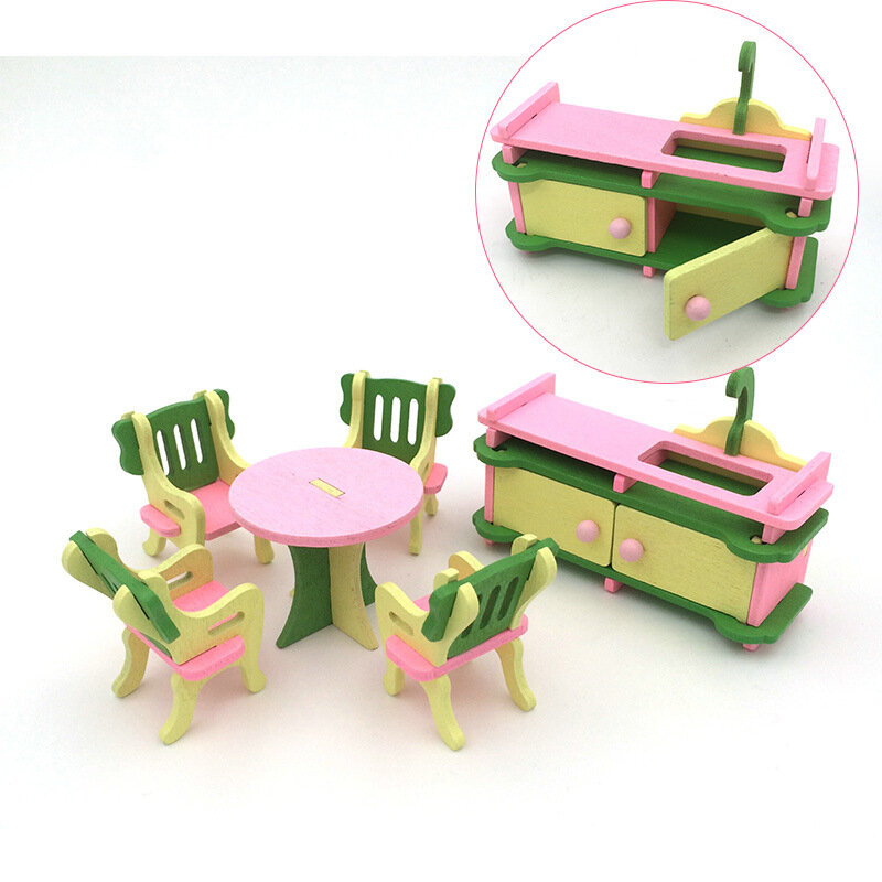 Furnitur Rumah Boneka Kayu 3D Puzzle DIY Boneka Kayu Rumah Ruang Tamu Kamar Tidur Furnitur Rumah Aksesori Boneka Bermain Pura-pura