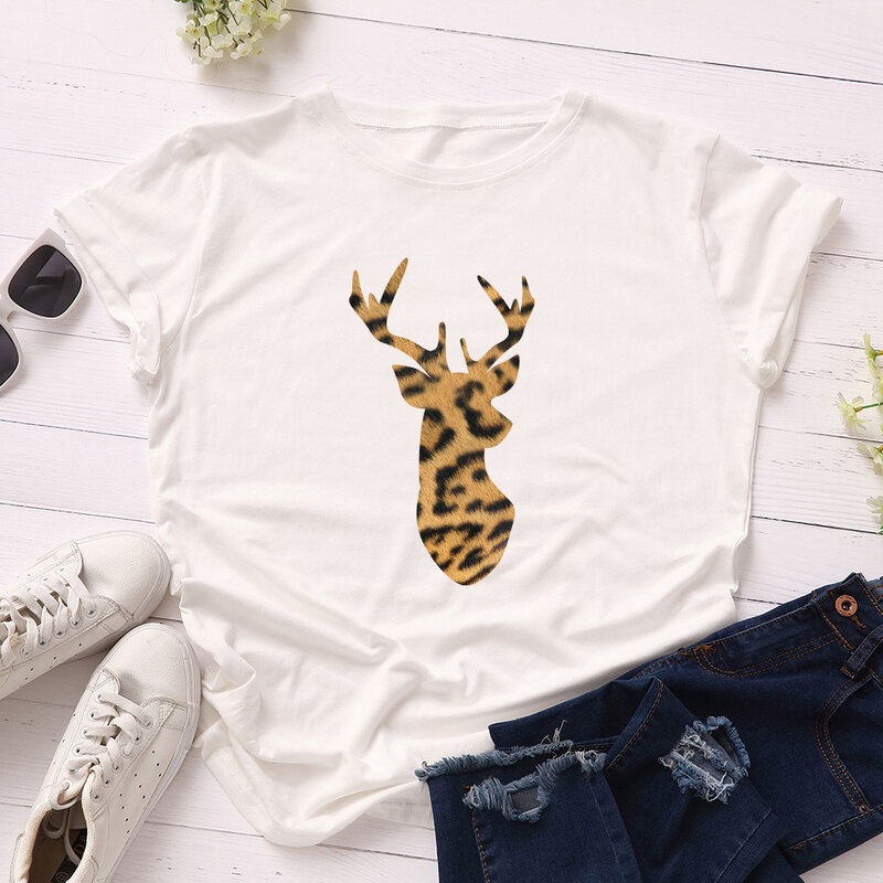 Leopard Elk poroże drukuj kobiety T koszula z krótkim rękawem O szyi luźna koszulka damska koszulka damska topy ubrania Camisetas Mujer
