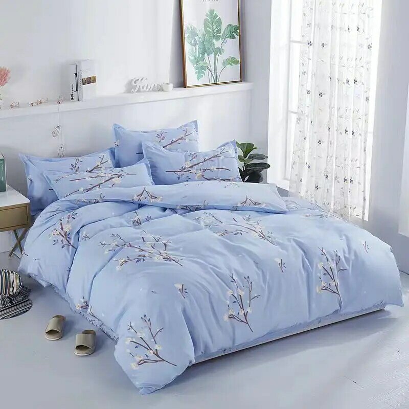 Juego de ropa de cama con estampado de dibujos animados, set de 4 unids/set de ropa de cama cálida con patrón geométrico, 4 tamaños, funda nórdica gris y azul, sábana y fundas de almohada