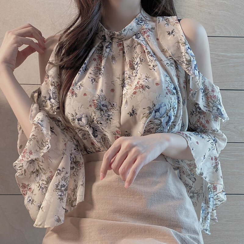 Блузка женская с открытыми плечами и принтом, шифоновая рубашка в Корейском стиле, пикантная блузка 83C, Новинка лета 2021