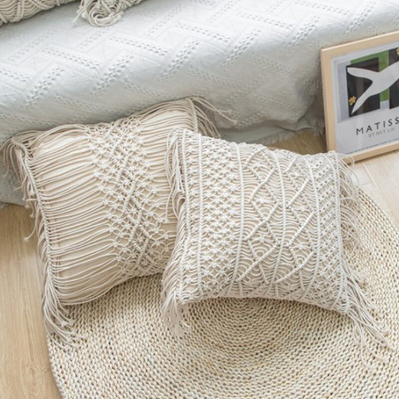 Funda de cojín para sofá, 45x45cm, cuerda de algodón, hilo de algodón tejido a mano, funda de almohada de estilo bohemio geométrico, decoración del hogar