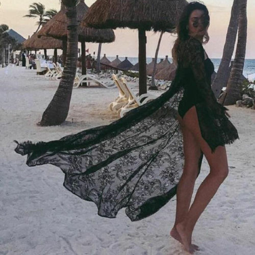 Lato Sexy kobiety osłona do Bikini Up czarne białe koronkowe Kimono Boho plaża długa, maksi sukienka Sheer Loose Kaftan tunika strój kąpielowy