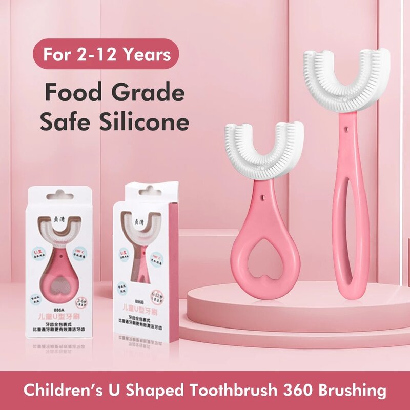 Cepillo de dientes para niños en forma de U para bebés, con mango de silicona, cepillo de limpieza para el cuidado bucal, para niños pequeños de 2 a 12 años