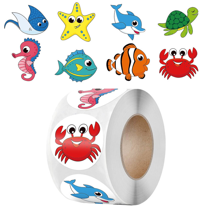 Adesivo de desenho animado para crianças, 500 peças/rolo, padrão de peixe do mar, 8 designs, etiquetas redondas de vedação para menino, brinquedo clássico, presente, adesivos de recompensa