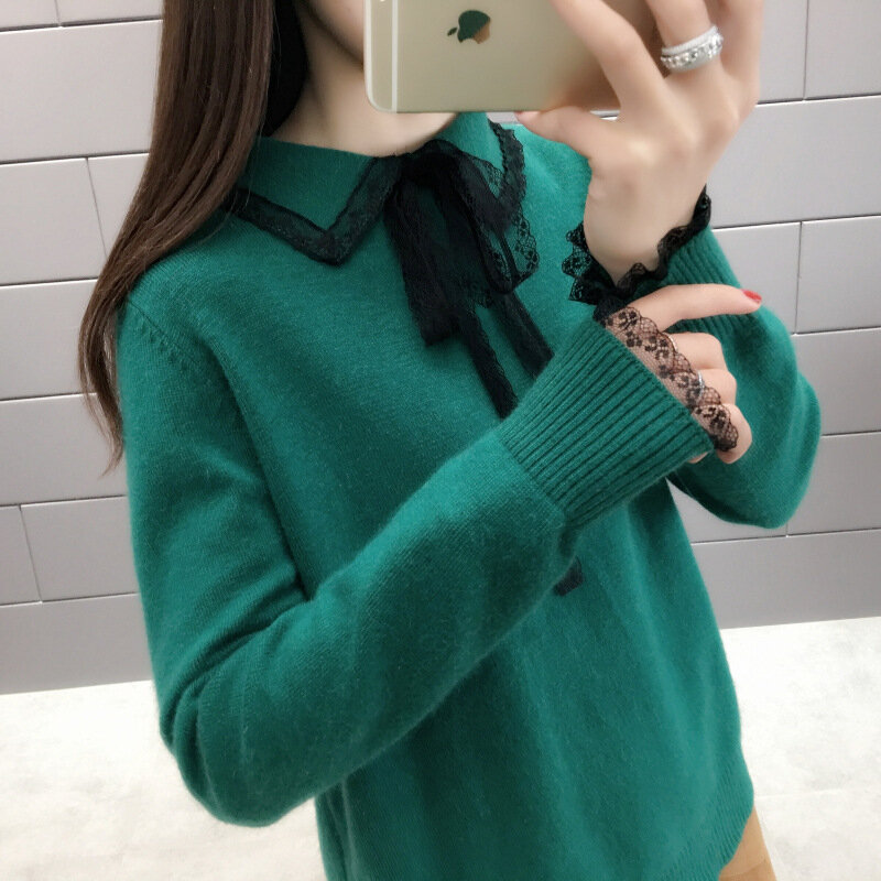Винтажный осенний свободный свитер с отложным воротником для женщин 2021 корейские женские вязаные пуловеры на шнуровке Повседневный женски...
