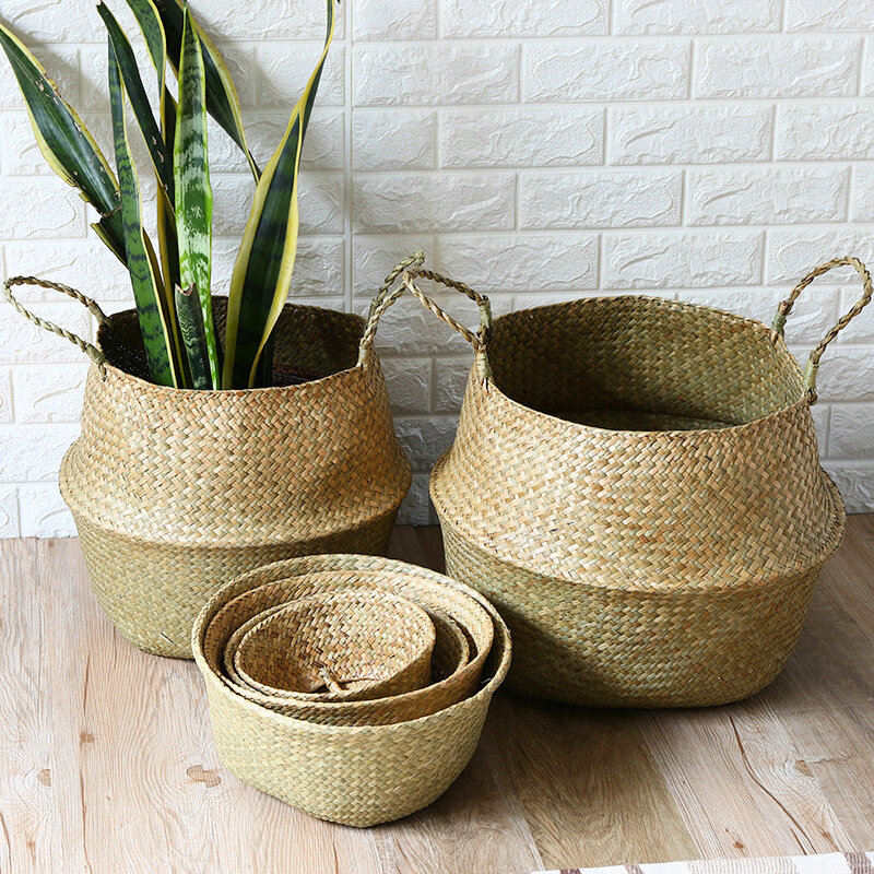 LuanQI Seagrass de Mimbre de almacenamiento tejido de cesta plantar flores olla plegable organizador de lavandería cesta Jardín de la casa de vientre Mimbre cesta
