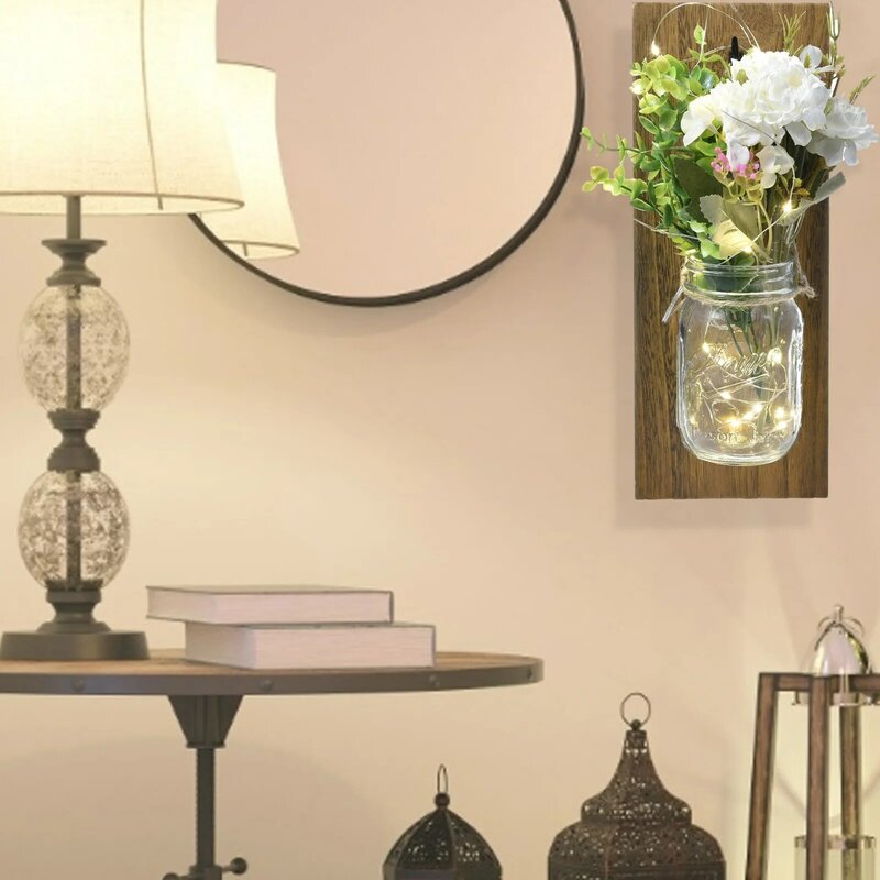2個素朴なメイソンジャー壁燭台led妖精ライト花国のためホームウェディングカフェバー壁寝室装飾
