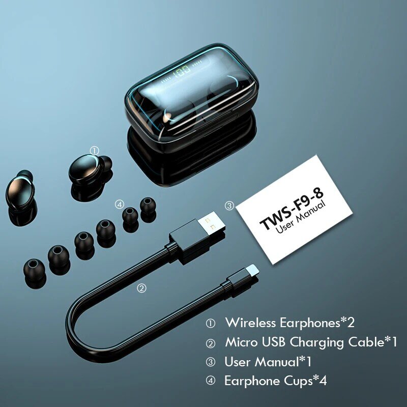 F9 TWS 무선 헤드폰 이어폰 블루투스 헤드셋 이어폰 형 이어폰 마이크가있는 샤오미 용 핸즈프리 바 이노 럴 통화 헤드셋
