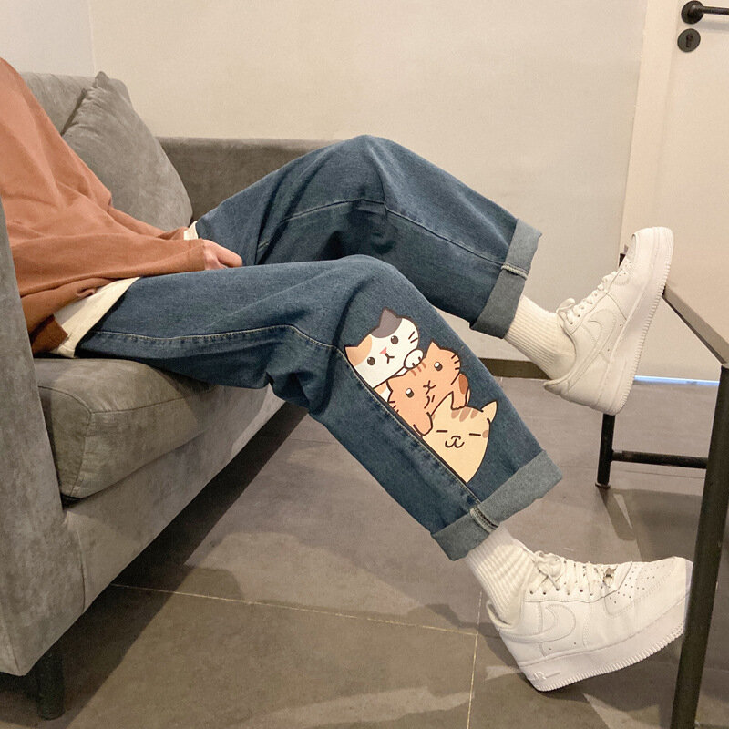 Jeans Celana Panjang Kucing Kartun Celana Motif Pinggang Rendah Jeans Elastis Biru Jepang Jeans Wanita Longgar Lurus Korea