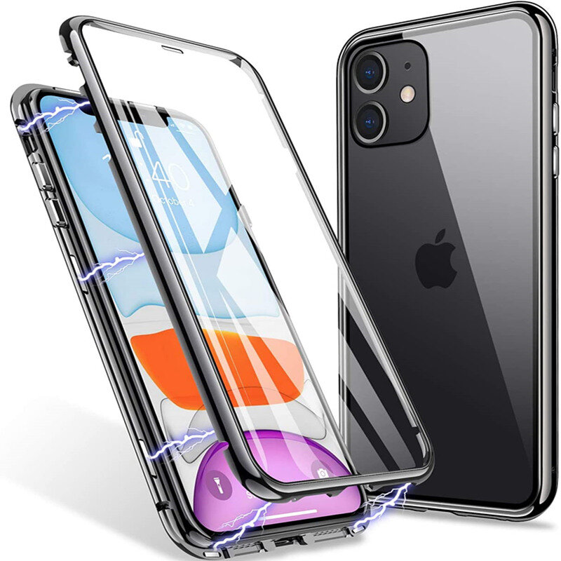 Coque à rabat à absorption magnétique en métal pour iPhone, étui Transparent à Double face en verre pour iPhone 14 13 12 11 Pro XS MAX XR 8 7 Plus