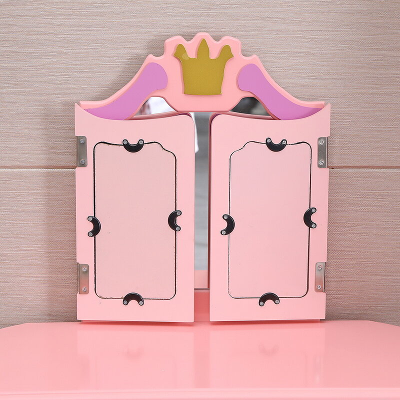 Kids Girl Dressing Table Toy Children's Dresser 3 Foldable Mirror/Chair/1 Drawer Pink High Quality Board Arc Design[US-Stock]