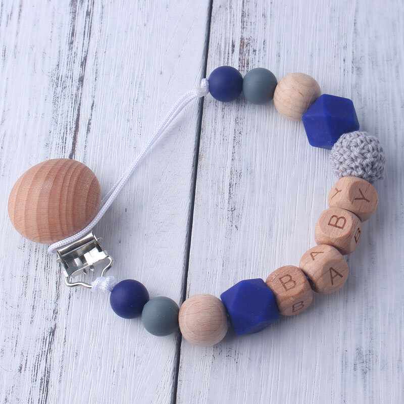 Personalized Name Beech Wood Chew Beads Pacifier Clip Custom Name Soother Chains Dummy Chain Holder Baby Teething Toy Baby Chew