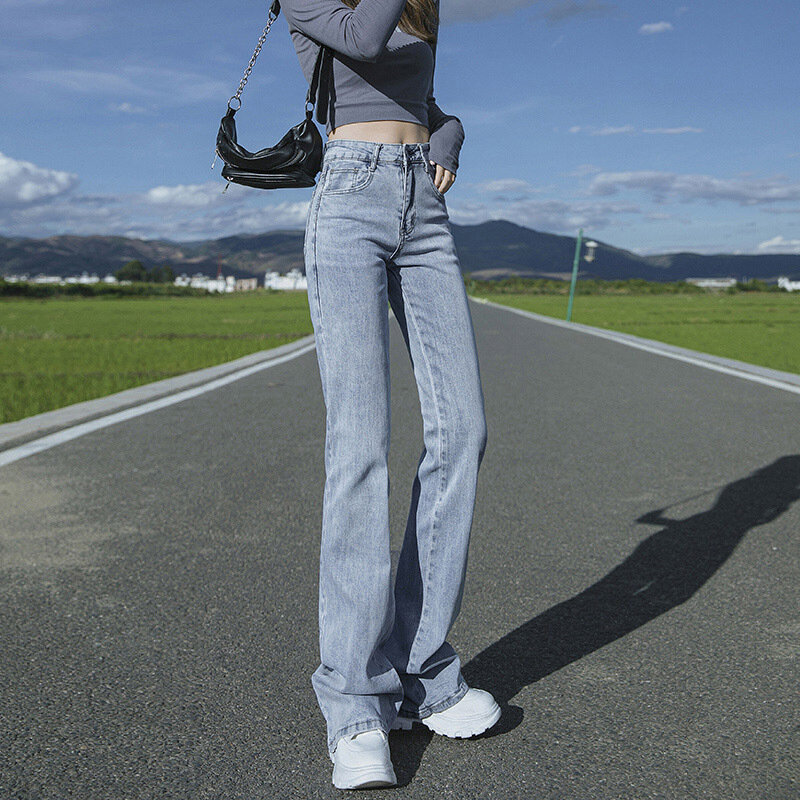 Pantaloni Jeans a vita alta di colore chiaro Jeans lunghi in corno elasticizzato coreano femminile Jeans da donna Casual in cotone nero di moda