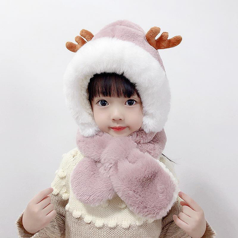قبعة أطفال وشاح قطعة واحدة قبعة الشتاء موضة بلون أفخم الدافئة سميكة لطيف الأذن قبعات طفل صبي فتاة عيد ميلاد هدية عيد