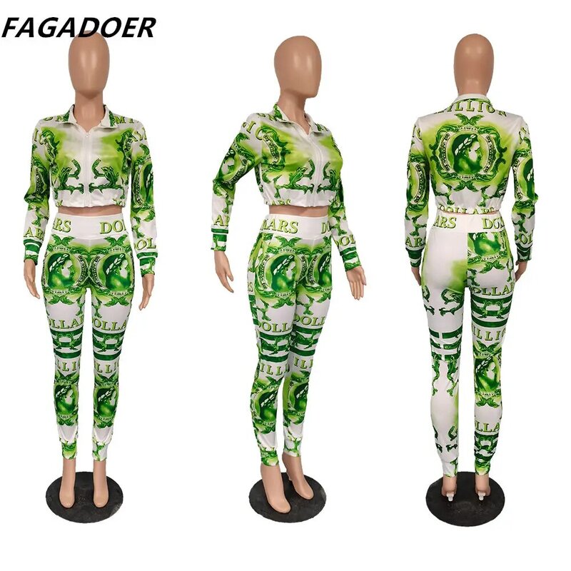 FAGADOER-Conjunto de dos piezas con estampado Vintage para mujer, abrigo con cremallera y pantalones de correr, chándal elegante, Otoño, 2021