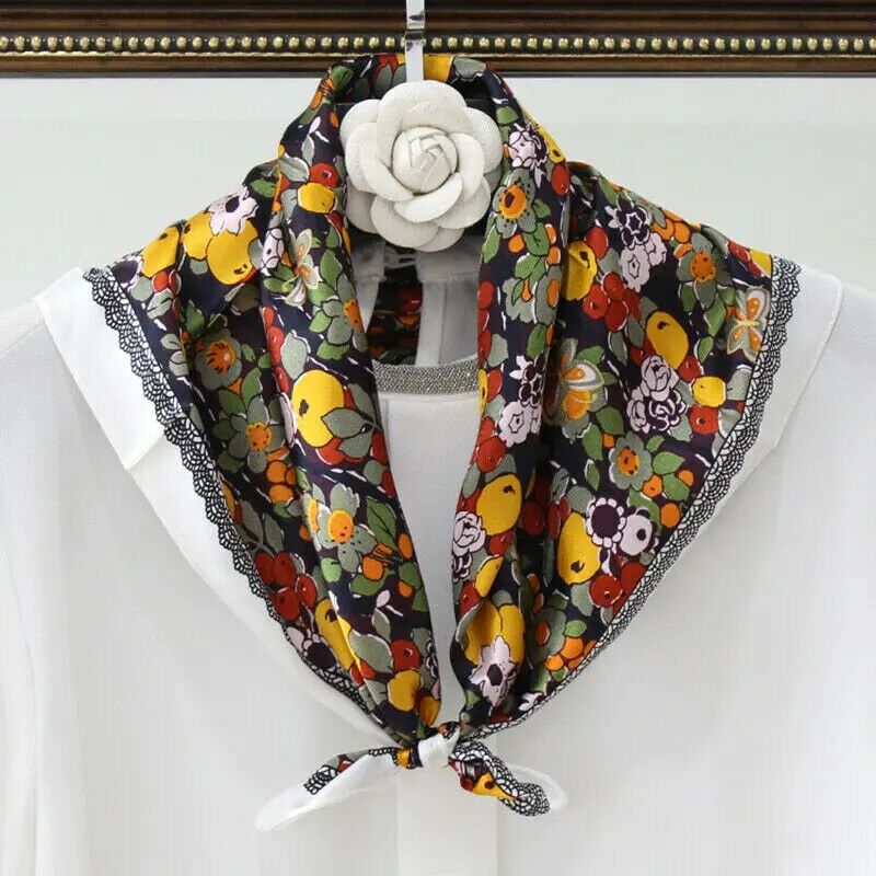 100% Silk Scarf Shiny Bandana Women Vintage Colorful Flowers Print Neckerchief Headscarf Stylish Hairband 53*53cm