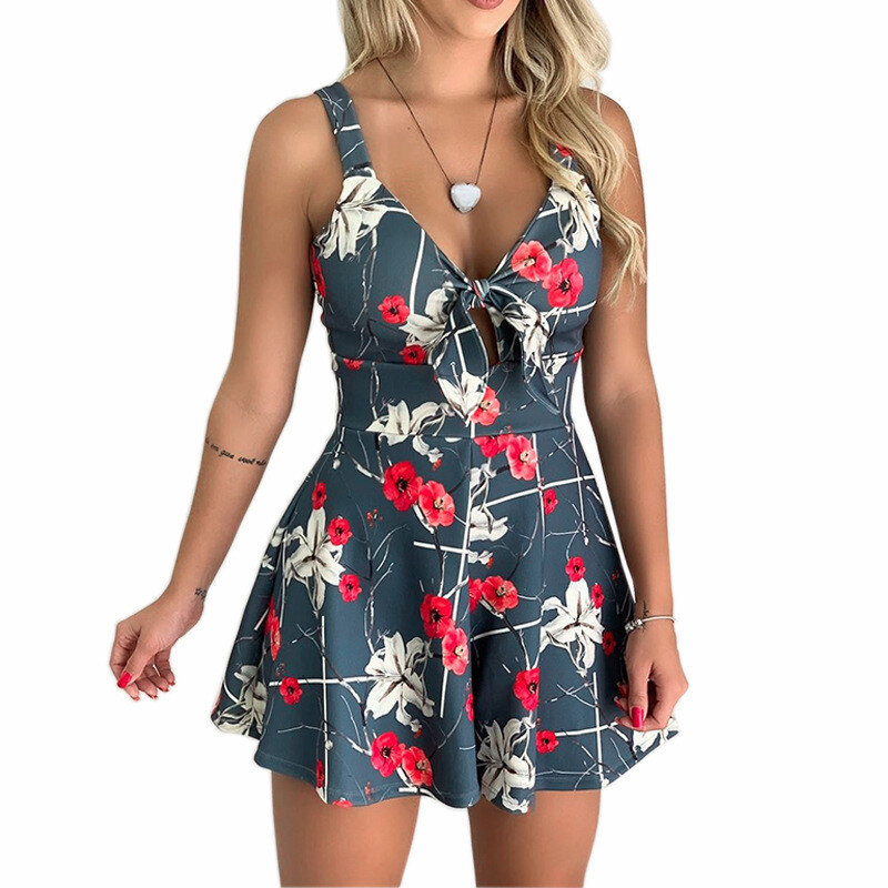 Jumpsuit Short Jumpsuits Casual Loose Women Fashion Print Strap Playsuits Chest Bow Tie Hollow Loose Short Jumpsuit body mujer