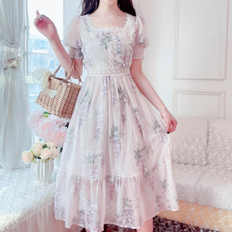 Korean Literature And Art Vintage Elegant Chic Dresses Women Casual Lace Hollow Floral Design Dresses 2021 Summer  Square Collar