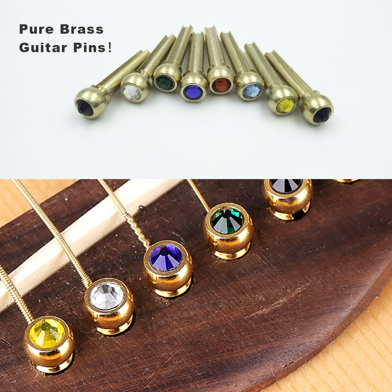 Clavijas de puente de guitarra acústica de latón puro, accesorios de bricolaje de Color aleatorio, con cristal, 6 unids/set por juego